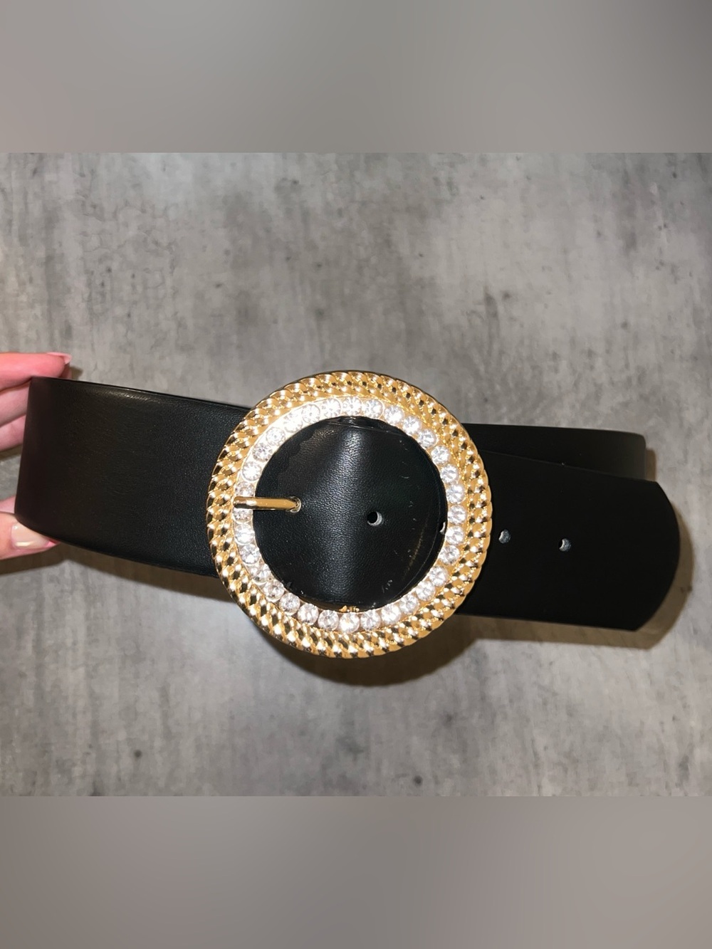 Vince Camuto Black Waist Belt with Large Rhinestone Gold/Silver Circle Buckle